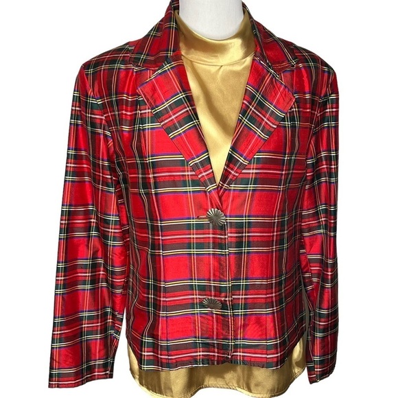 Vintage Painted Pony Red Tartan Plaid Silk Cropped Blazer Chunky Buttons Size 12 - Picture 2 of 16